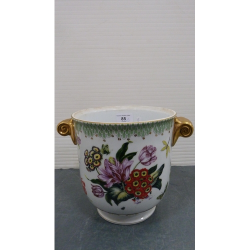 85 - Ceramic botanical planter with gilt handles, and a pair of reproduction Chinese-style botanical deco... 