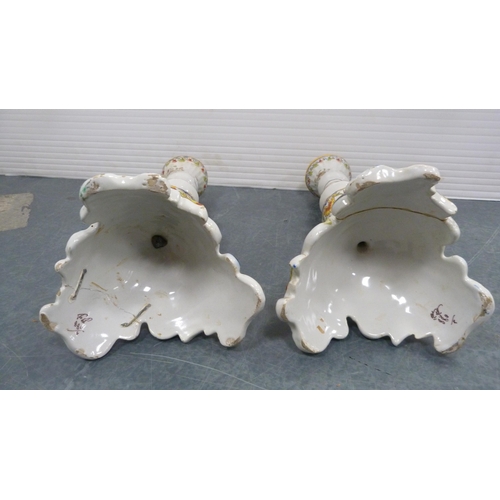 87 - Pair of Rouen-style faience porcelain candlesticks (a/f).  (2)