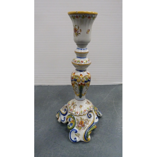 87 - Pair of Rouen-style faience porcelain candlesticks (a/f).  (2)