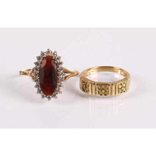 101 - 9ct gold ring set with three clusters of yellow gemstones, and another indistinctly marked set with ... 