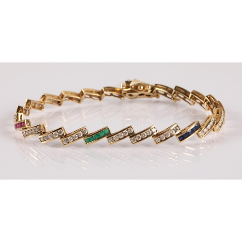 102 - 18ct gold bracelet set with white, blue, green, and pink gemstones, 14.4g