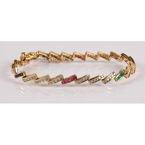 102 - 18ct gold bracelet set with white, blue, green, and pink gemstones, 14.4g