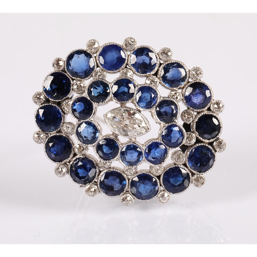 99 - White metal brooch set with diamonds and sapphires, 8.6g, 3cm x 2.5cm