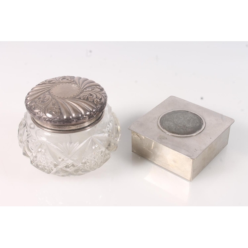 510 - Sterling silver topped cut glass pot and cover and trinket box in white metal.