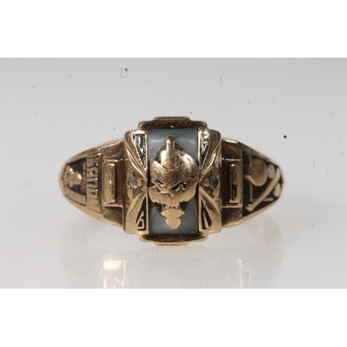 555 - Yellow metal dress ring, stamped Jostens 10k.