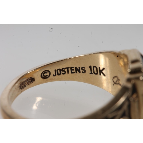 555 - Yellow metal dress ring, stamped Jostens 10k.