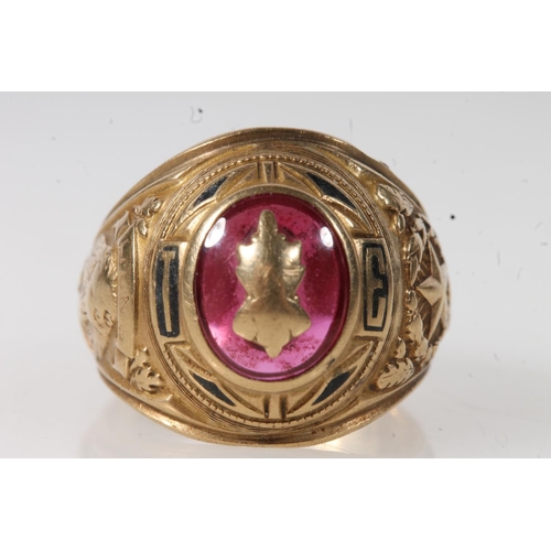 559 - Yellow metal gents ring set with decorated central pink stone, stamped 10K.