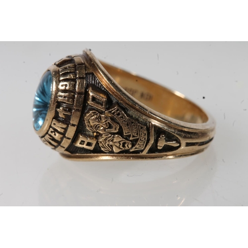 564 - Yellow metal Mayo high, Rochester ring, set with blue stone, stamped 10k.