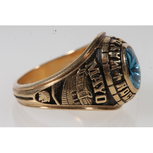 564 - Yellow metal Mayo high, Rochester ring, set with blue stone, stamped 10k.