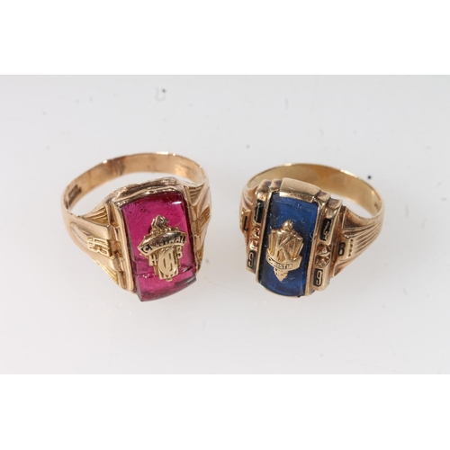 567 - Two yellow metal gents rings set with pink and blue stones, both stamped 10k.