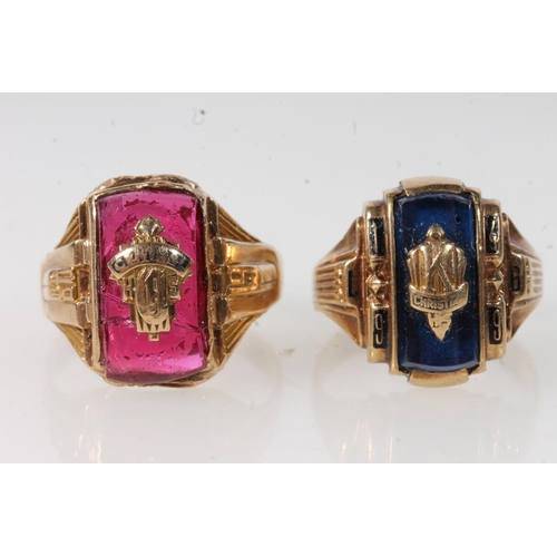 567 - Two yellow metal gents rings set with pink and blue stones, both stamped 10k.