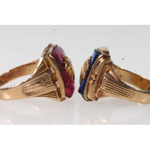 567 - Two yellow metal gents rings set with pink and blue stones, both stamped 10k.