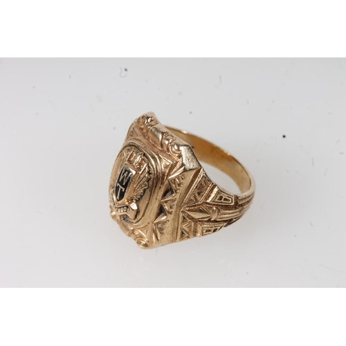 568 - Yellow metal American graduation ring, stamped 10k.