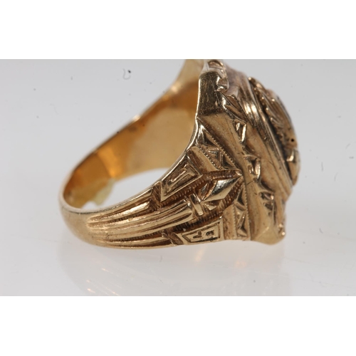 568 - Yellow metal American graduation ring, stamped 10k.