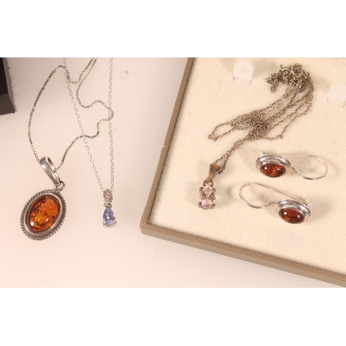 587 - Sterling silver amber set suite of jewellery with earrings, pendant on chain, sterling silver Sheila... 