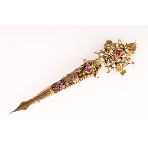 590 - Yellow metal gemstone, pink ruby and pearl set flowerhead brooch of large form.Originally purchased ... 