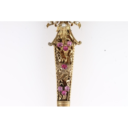 590 - Yellow metal gemstone, pink ruby and pearl set flowerhead brooch of large form.Originally purchased ... 