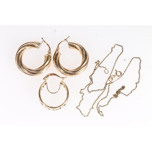 628 - Pair of 9ct gold twist hoop earrings, a 9ct gold earring and a fine 9ct gold chain, (a/f), 6g.