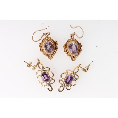 635 - Two pairs of 9ct gold amethyst set earrings, 10.1g.