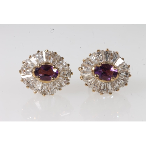 647 - Pair of 9ct gold faceted amethyst and CZ set earrings, 3.4g.