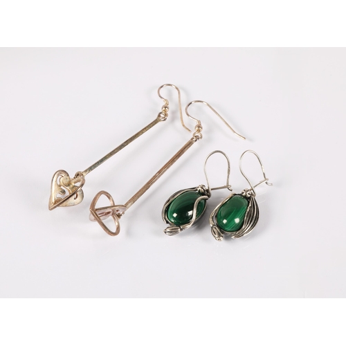 108 - Two pairs of silver earrings, one set with malachite