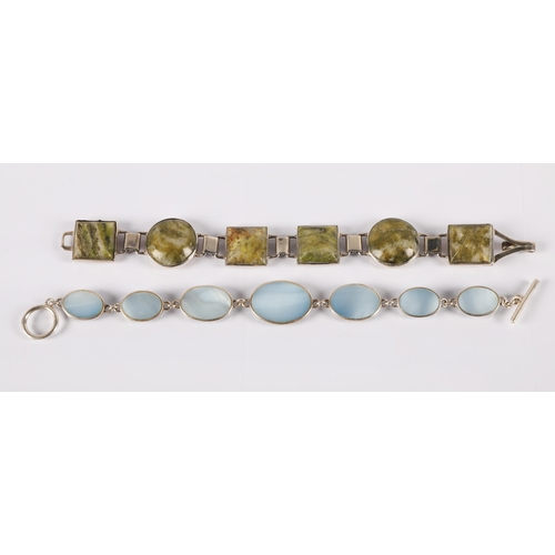 114 - Silver Connemara marble bracelet hallmarked Dublin 1967, and another set with pale blue mother of pe... 