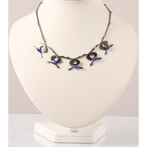 115 - Silver modernist style necklace set with chatoyant blue cabochons, 27g