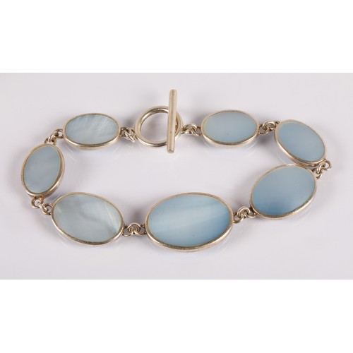 114 - Silver Connemara marble bracelet hallmarked Dublin 1967, and another set with pale blue mother of pe... 