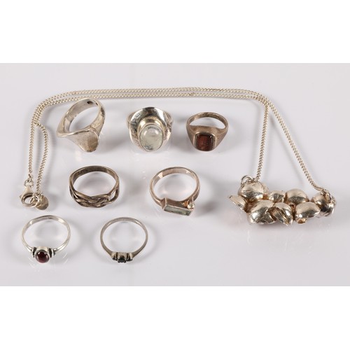 116 - Silver rings and necklace some gem set, gross weight 48g