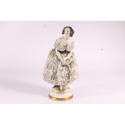 413 - German Volkstedt Dresden Lace porcelain figurine, early 20th century, of a debutante in frilled lace... 