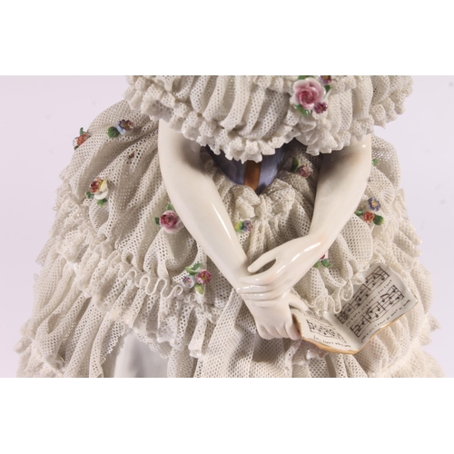 413 - German Volkstedt Dresden Lace porcelain figurine, early 20th century, of a debutante in frilled lace... 