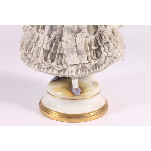 413 - German Volkstedt Dresden Lace porcelain figurine, early 20th century, of a debutante in frilled lace... 