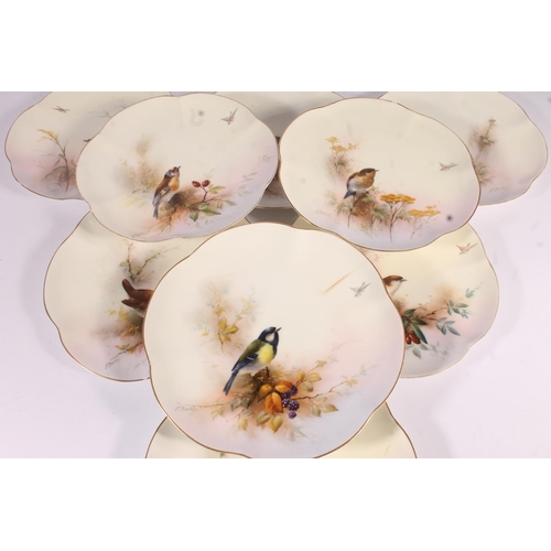 417 - Royal Worcester Ornithological porcelain plates, c1906, each painted with a British garden bird, sig... 