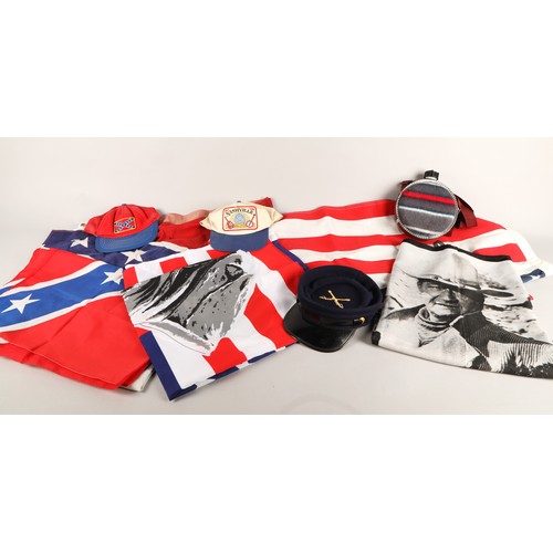 346 - Box of assorted US hats, flags, water canteen and a John Wayne flag