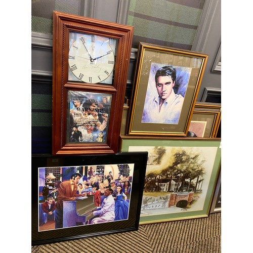 357 - Assortment of Elvis Presley framed prints and wall clock (6)