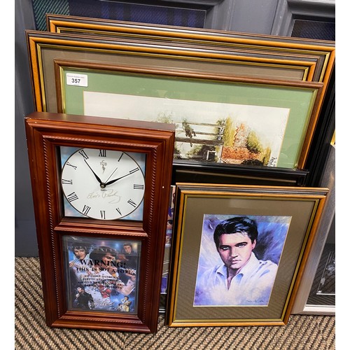 357 - Assortment of Elvis Presley framed prints and wall clock (6)