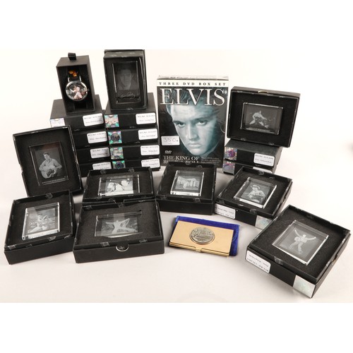 350A - Collection of Elvis Presley Crystal Impressions paperweights, watch, Graceland card holder etc.