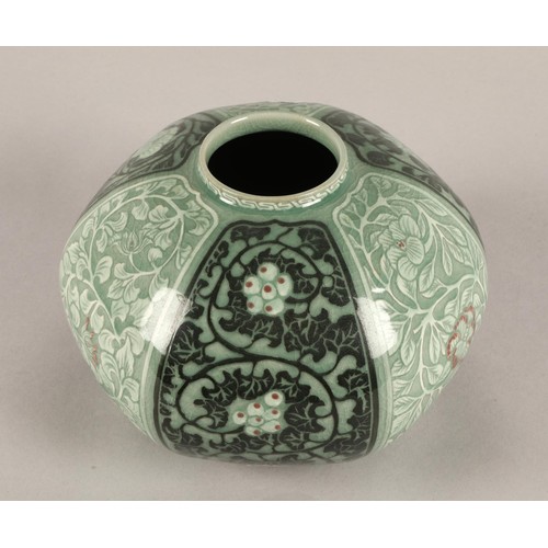 3 - Korean bulbous vase with panels of stylised decoration and marks to base, 15cm h.