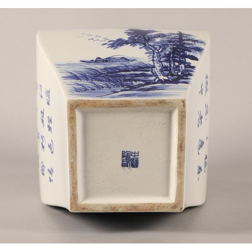 39 - Chinese square section blue and white vase with landscape and character decoration 35cm.