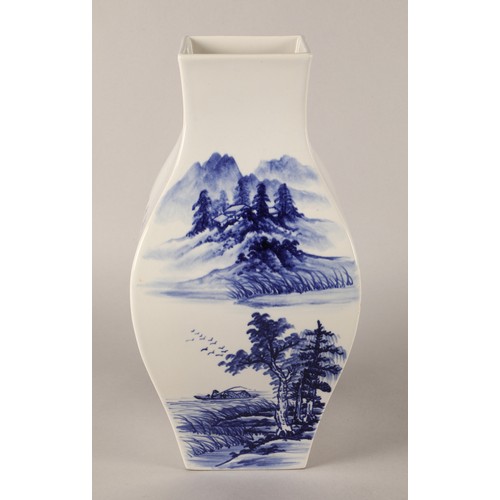 39 - Chinese square section blue and white vase with landscape and character decoration 35cm.