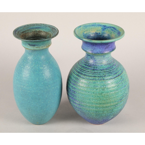 205 - Studio pottery turquoise glazed baluster vase and another similar, both with makers mark 'Aa' (2)