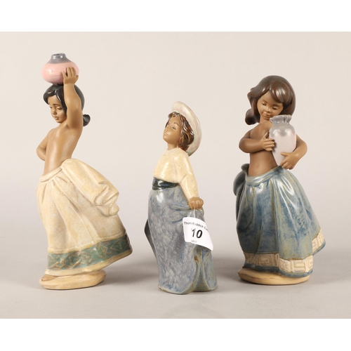 210 - Two Lladro girls with pots and a similar Nao girl(3)