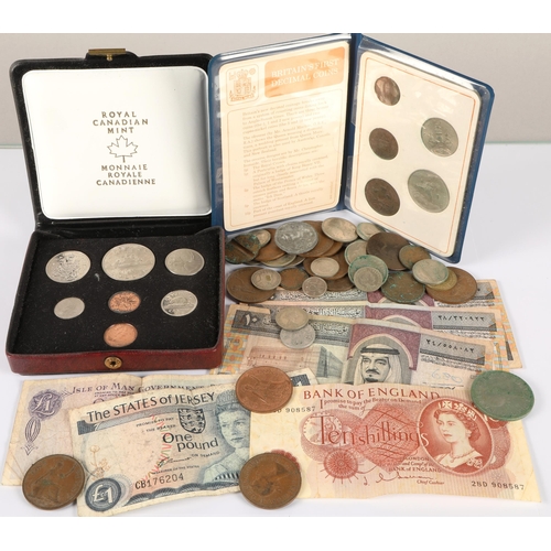 58 - Mixed coins and notes to include Britain's First Decimal Coins, Canada 1975 coins, other world coins... 