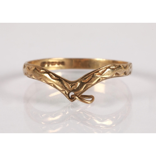 65 - 9ct gold wishbone ring with bale attachment ring size L 0.9g, and three ladies wristwatches