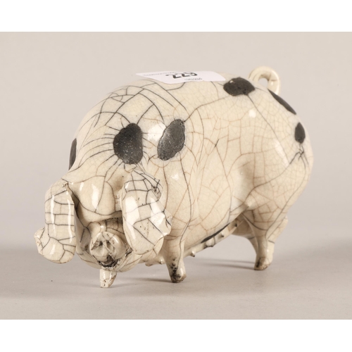 229 - Studio ceramic raku fired Gloucester spotted pig, signed indistinctly to base and dated 2002, approx... 