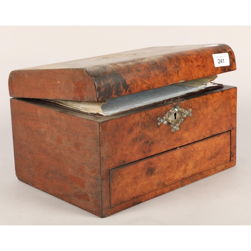 241 - 19th century walnut inlaid travelling box with writing slope to drawer.