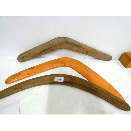 153 - Three vintage boomerangs.