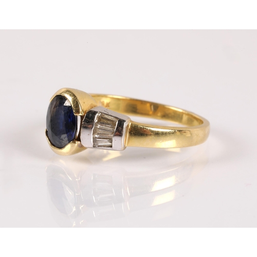 55 - 18kt gold diamond and sapphire ring, central sapphire with baguette cut diamond shoulders, ring size... 