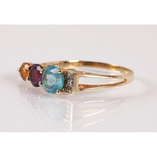 57 - 9ct gold ring set with coloured gemstones and two diamonds, ring size O, 2.2g