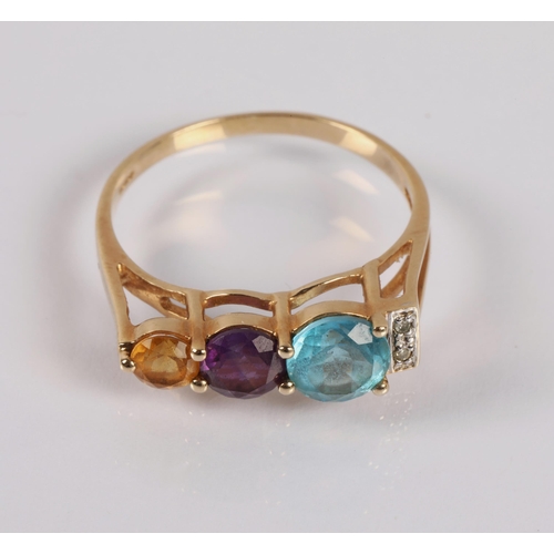 57 - 9ct gold ring set with coloured gemstones and two diamonds, ring size O, 2.2g